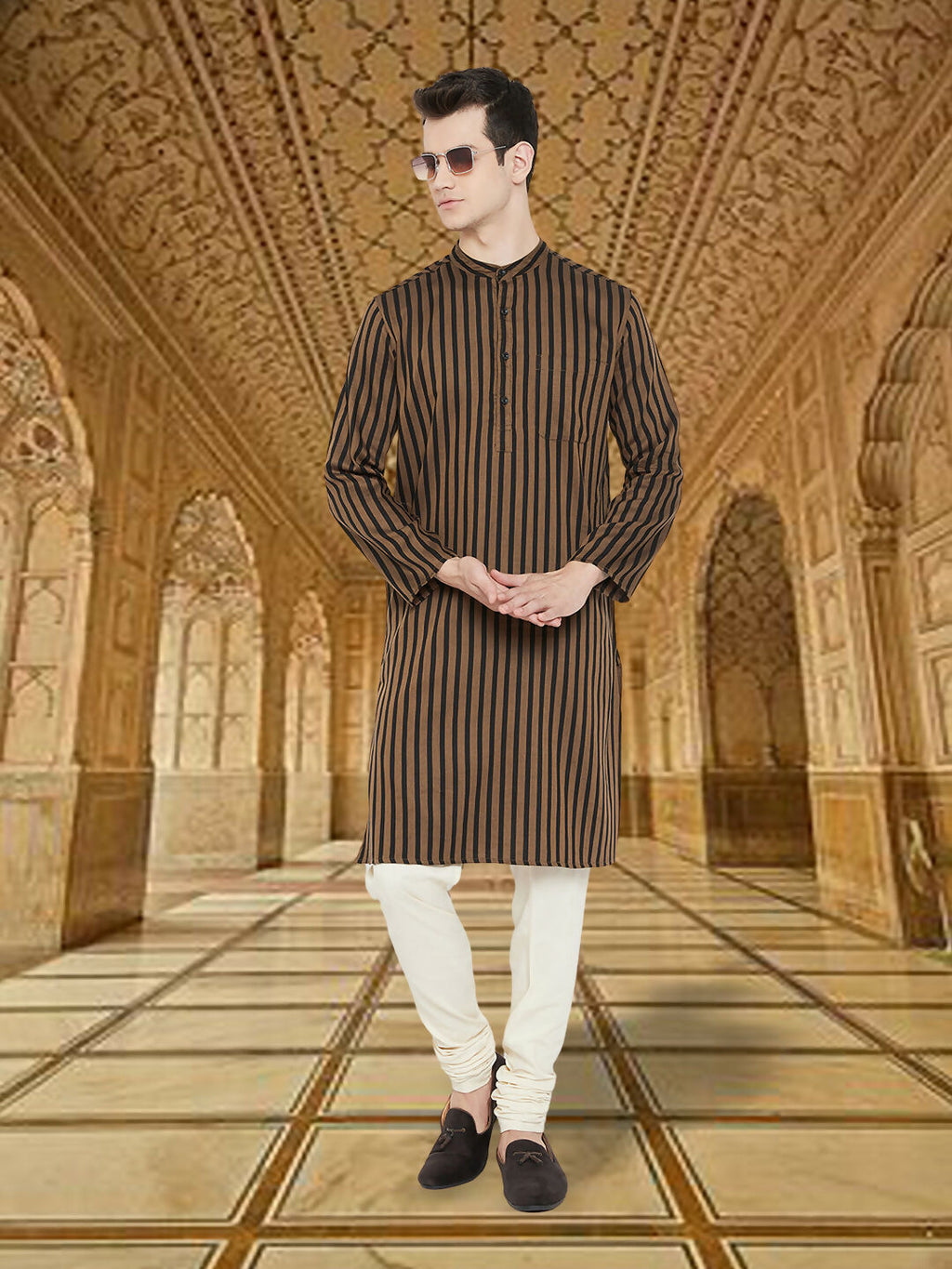 Even Apparels Men's Striped Brown and Black Kurta