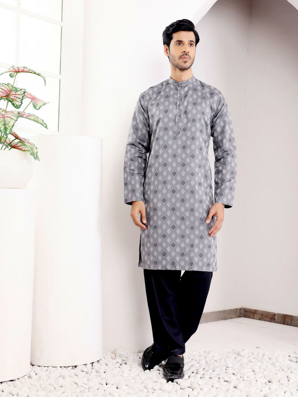 Grey Viscose Woven Jacquard Work Men's Kurta - Mahotsav