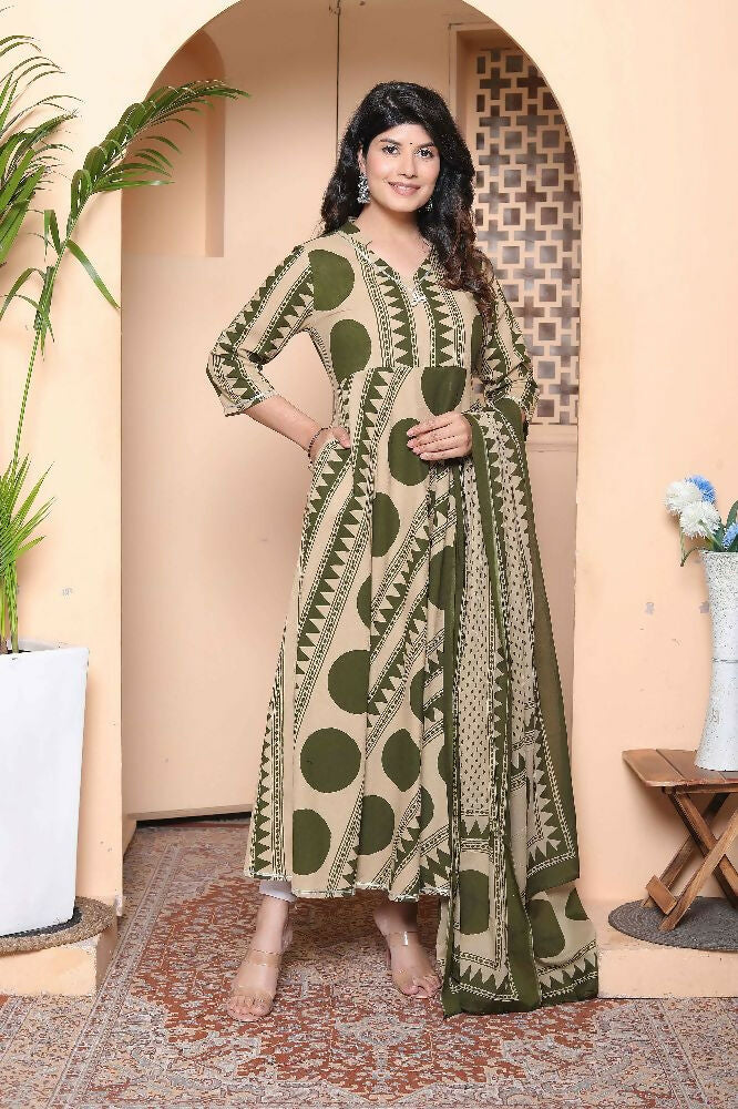 Miravan Women'S Polka Dot Printed Pure Cotton Anarkali Kurta With Dupatta - Distacart