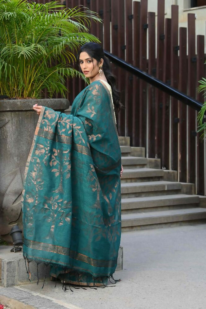 Beatitude Green Cotton Floral Jamdani Saree