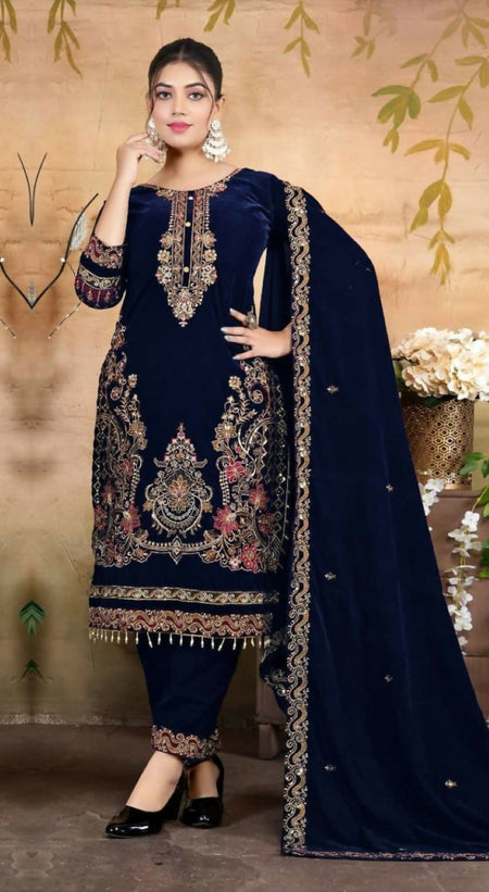 Anaita Navy Blue Velvet Suit With Embroidery & Zarkan Work