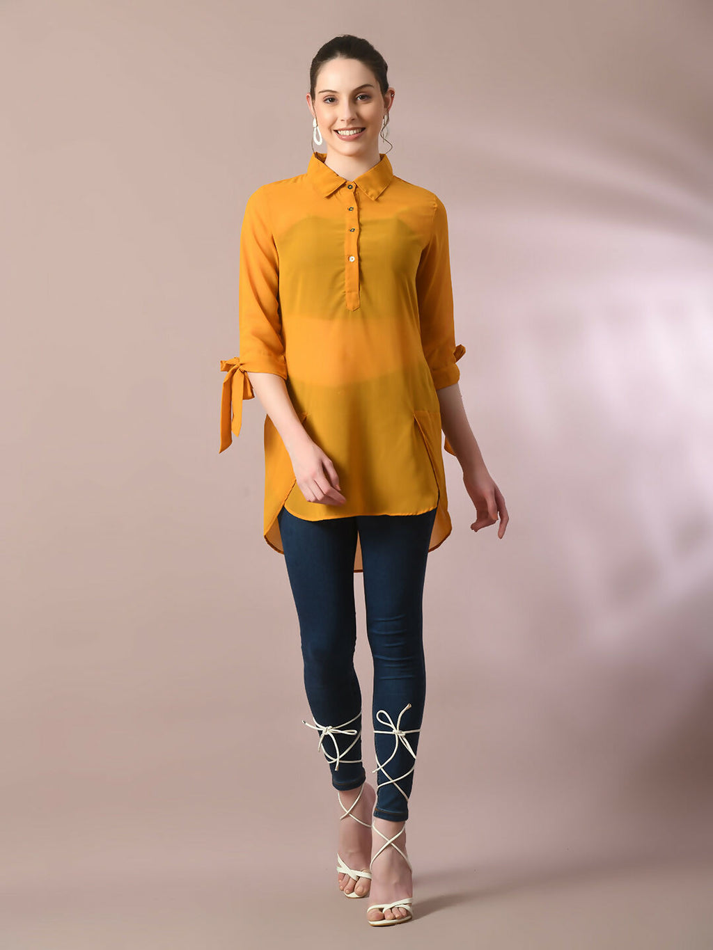 Myshka Women's Yellow Solid Georgette Longline Party Sheer Tunic