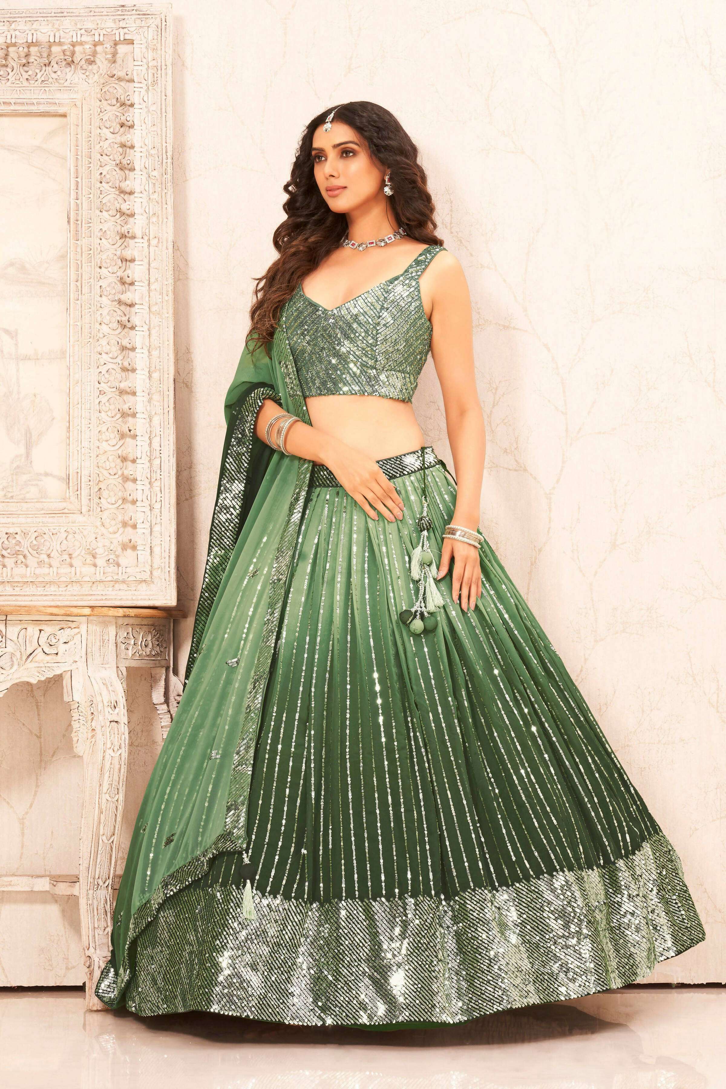 Green Faux Georgette Heavy Sequence work Lehenga Choli with Dupatta - Dhvani