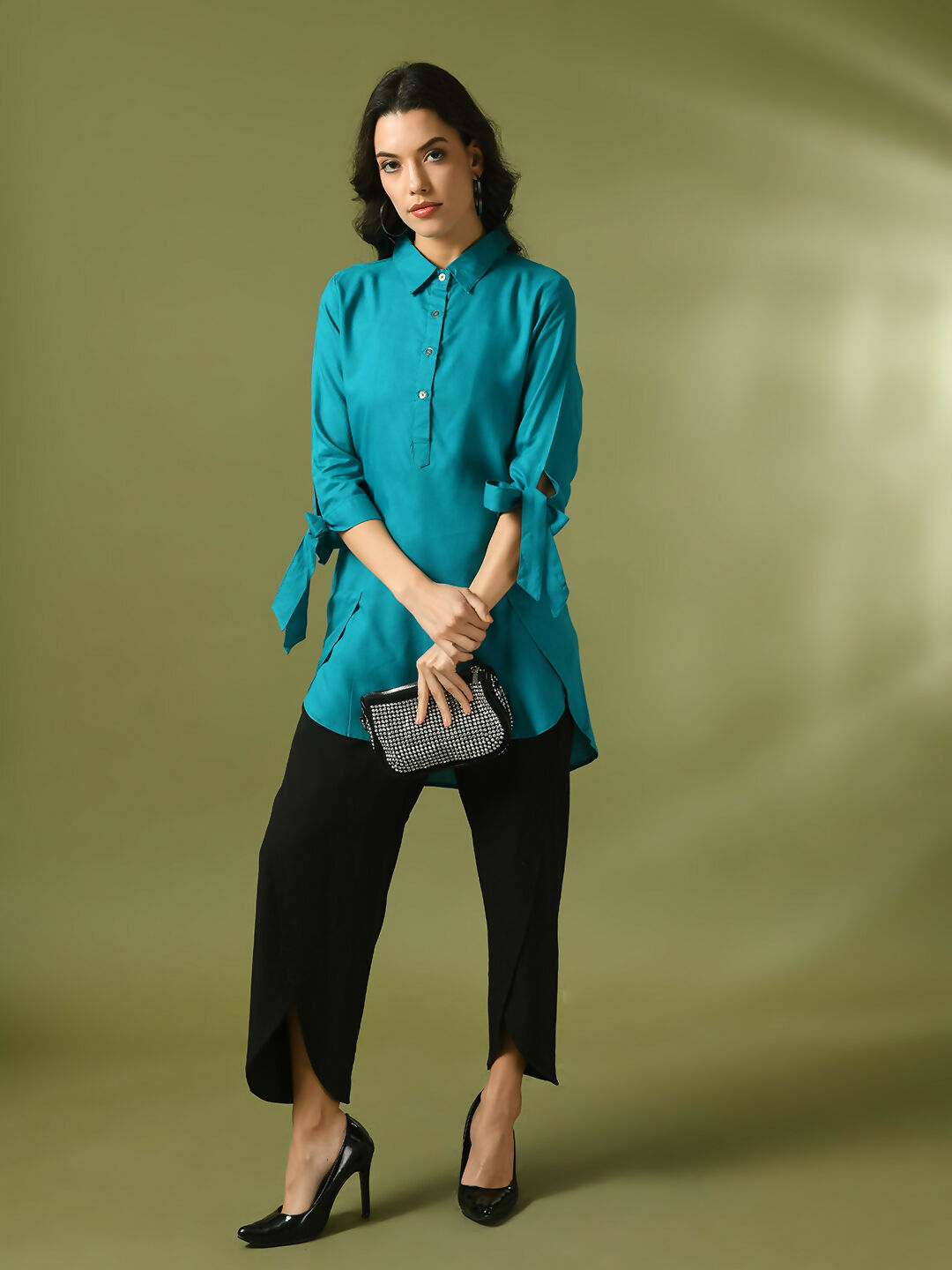 Myshka Women's Turquoise Blue Solid Cotton Longline Party Sheer Tunic