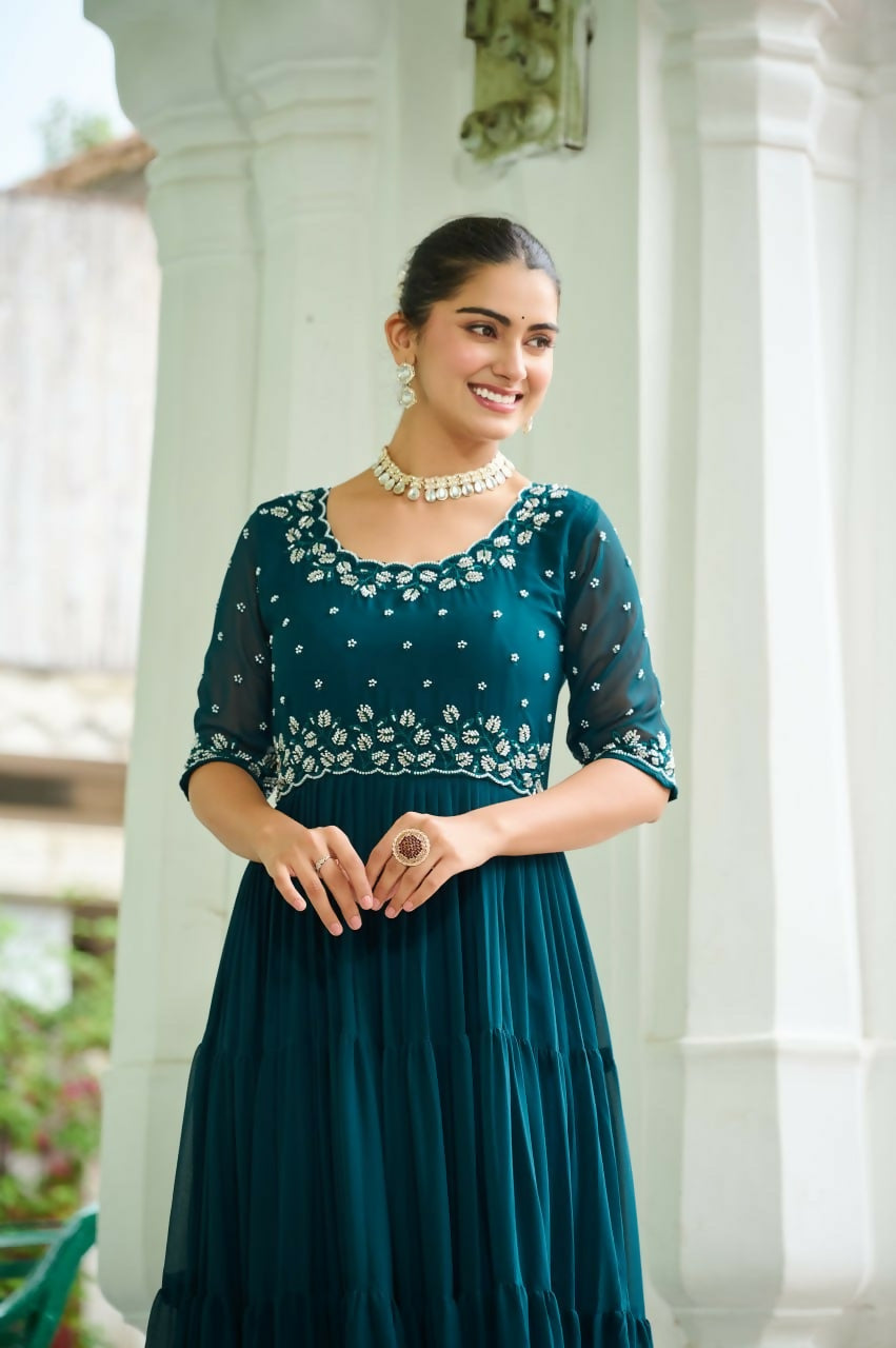 Teeya Creation Rama Color Faux Georgette Hand Embroidery Work Party Wear Gown - Distacart