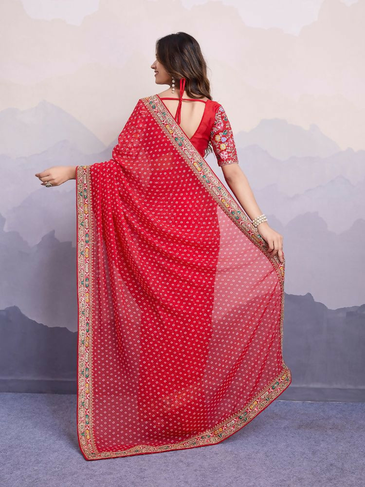 Red Georgette Bandhani Printed,Embroidery Work Saree - Surkhi