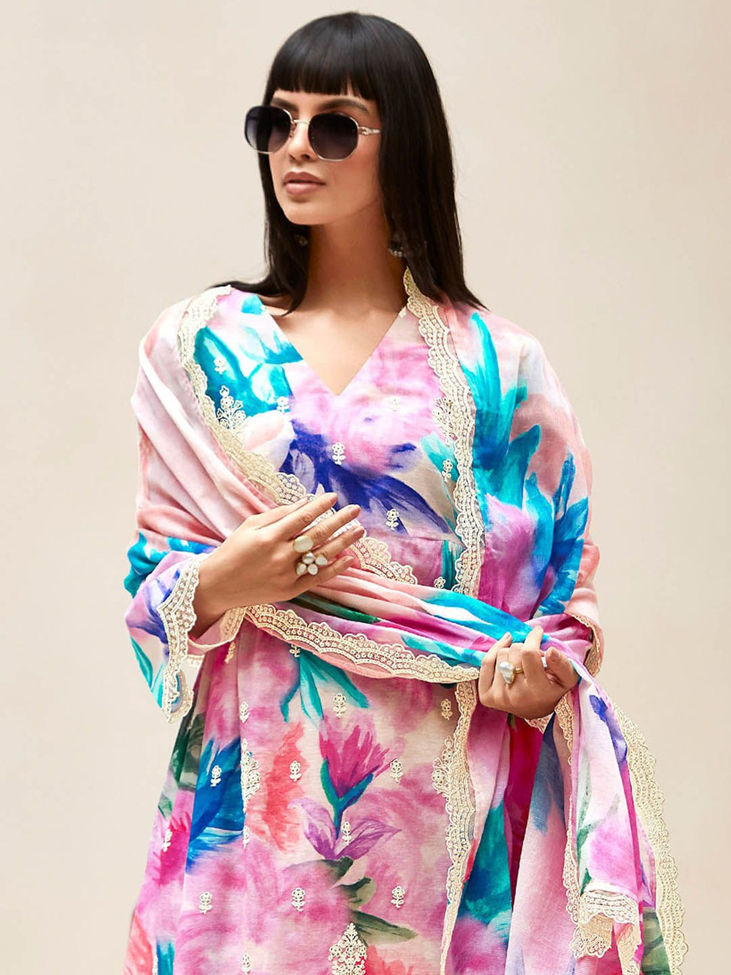 Indo Era Women Floral Embroidered Regular Thread Work Kurta with Trousers & With Dupatta - Distacart