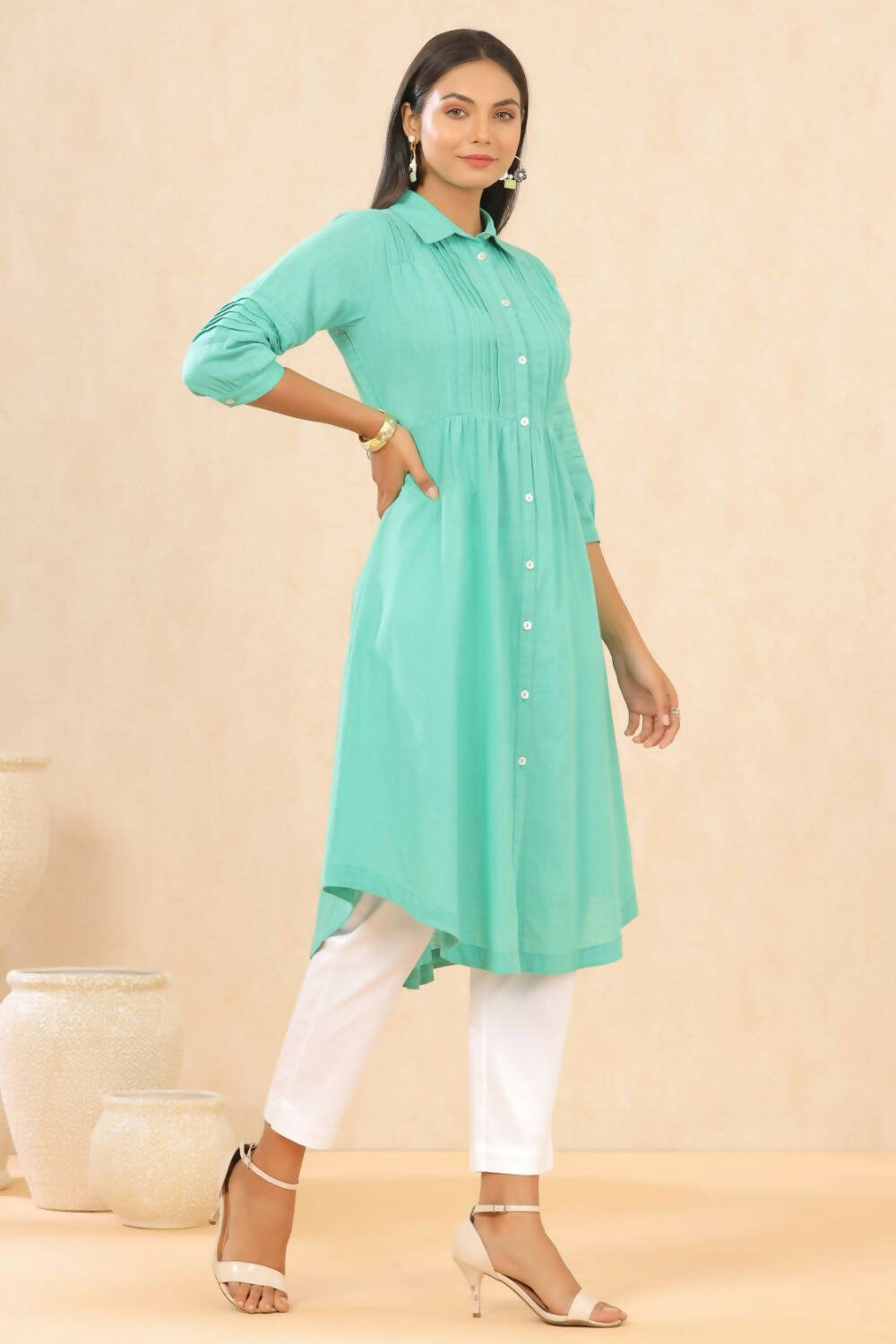 Juniper Womens Blush Turquoise Cotton Slub Solid Mid Length Shirt Dress With Lace Detailing - Distacart
