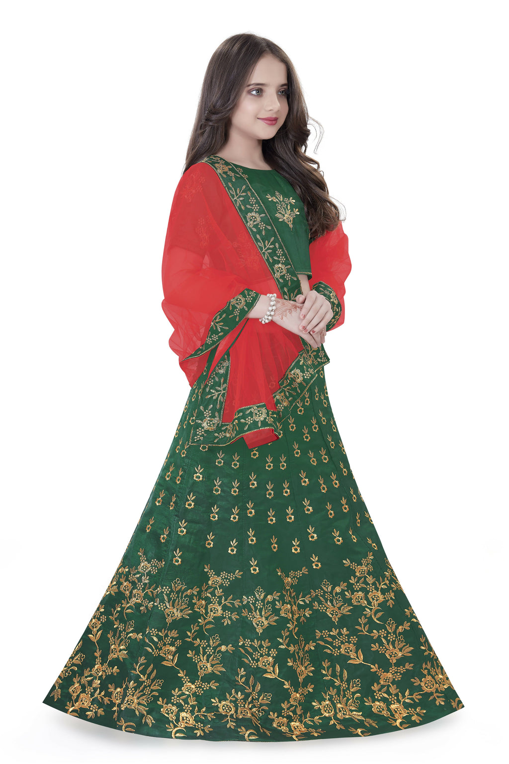 Dwiden Green Baby Doll Tafetta Sattin Semi-Stitched Girl's Lehenga Choli
