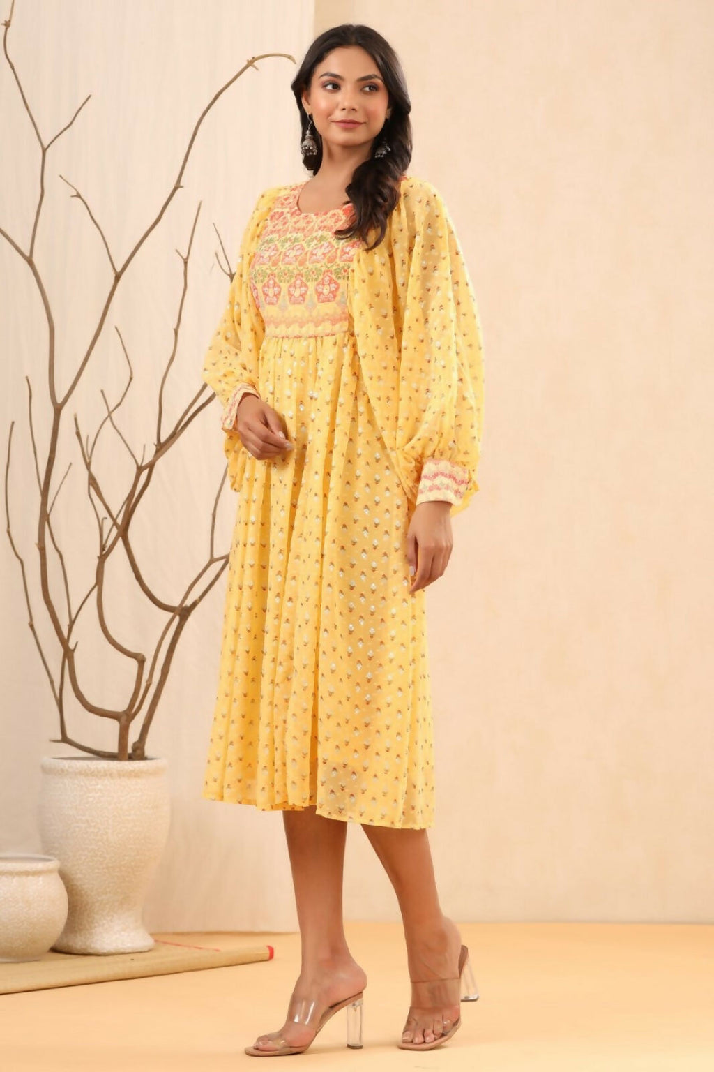 Juniper Yellow Ethnic Motif Printed Georgette Midi Dress With Sequins Work - Distacart