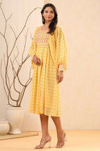 Juniper Yellow Ethnic Motif Printed Georgette Midi Dress With Sequins Work - Distacart