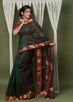 Very Much Indian Handloom Cotton Silk Maheshwari Saree With Sleek Golden Border - Dark Green