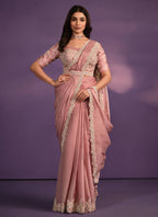 Pink Crepe Georgette Silk Embroidered Saree With Stitched Blouse - Mohmanthan Exotica