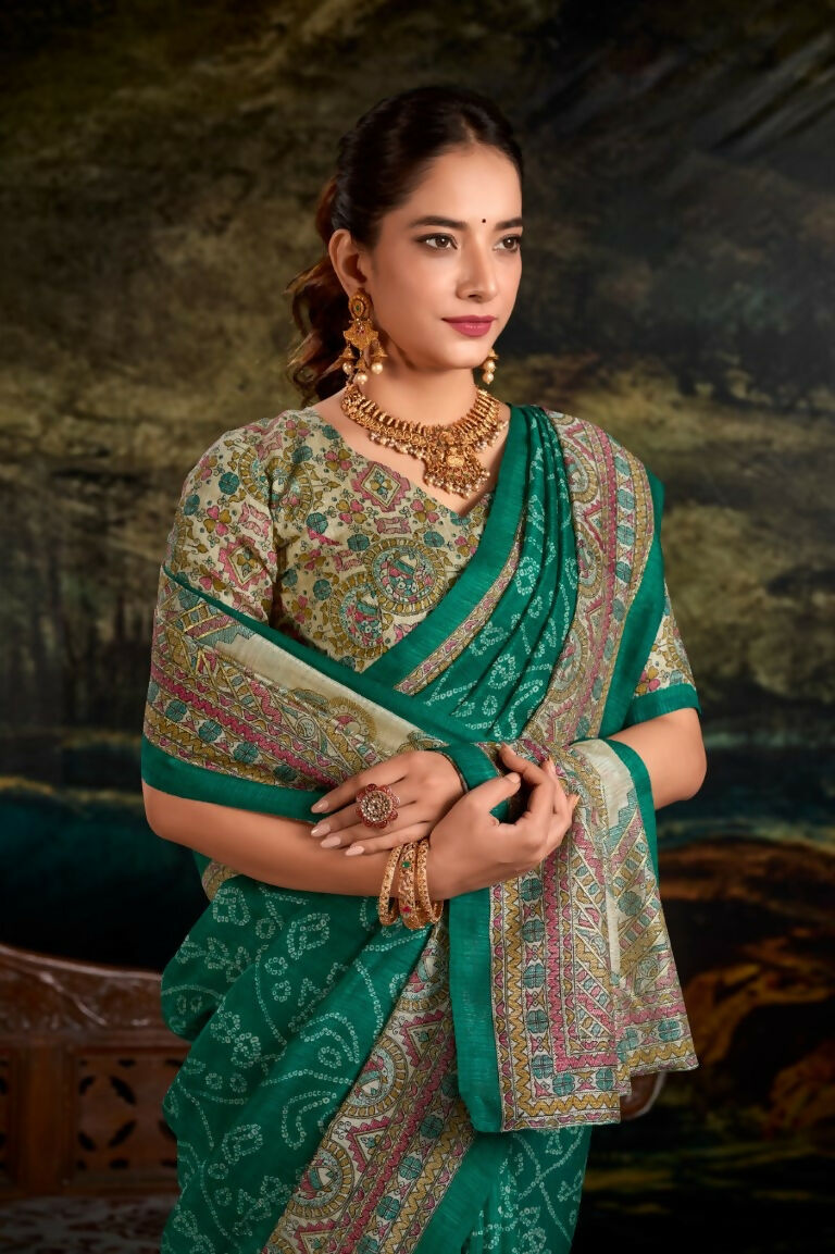 Vastranavya Green Silk Madhubani & Bandhej Fusion Print Saree with Unstitched Blouse