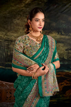 Vastranavya Green Silk Madhubani & Bandhej Fusion Print Saree with Unstitched Blouse