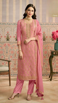 Anaita Peach Viscose Lotus Shimmer Stitched Suit with Jacquard Work - Distacart