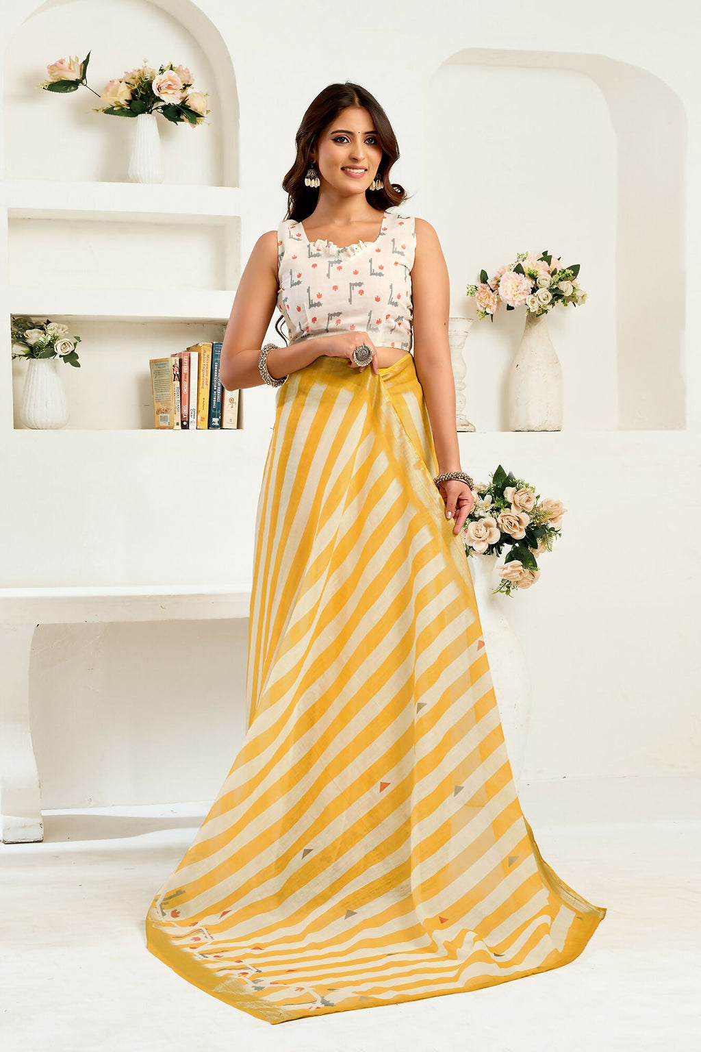 Vastranavya Yellow White Digital Printed Linen Ready To Wear Designer Saree with Unstitched Blouse - Distacart