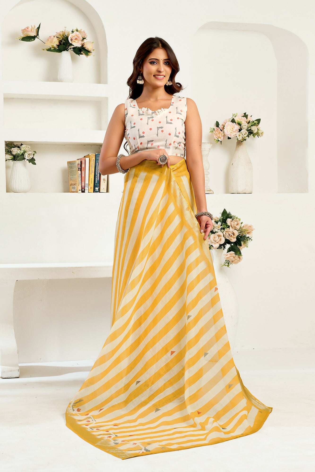 Vastranavya Yellow White Digital Printed Linen Ready To Wear Designer Saree with Unstitched Blouse - Distacart