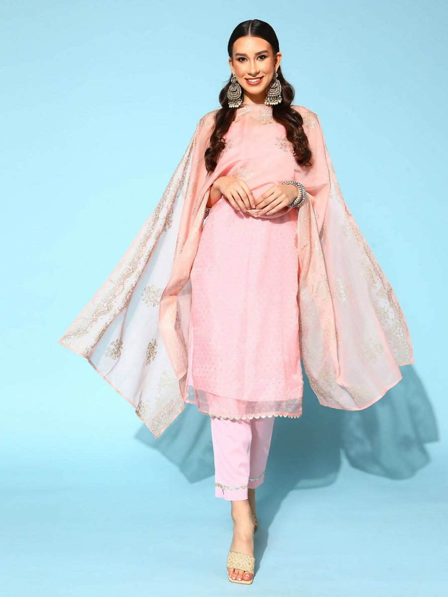 Ahalyaa Women Pastel Pink Colour Organza Glitter Printed Kurta Pant Set With Dupatta - Distacart