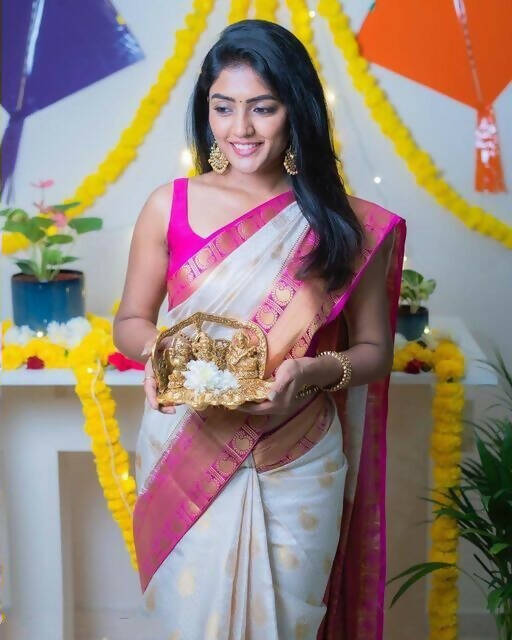 DEIANA'S Beautiful Designer Golden zari Soft Lichi Silk Saree - White