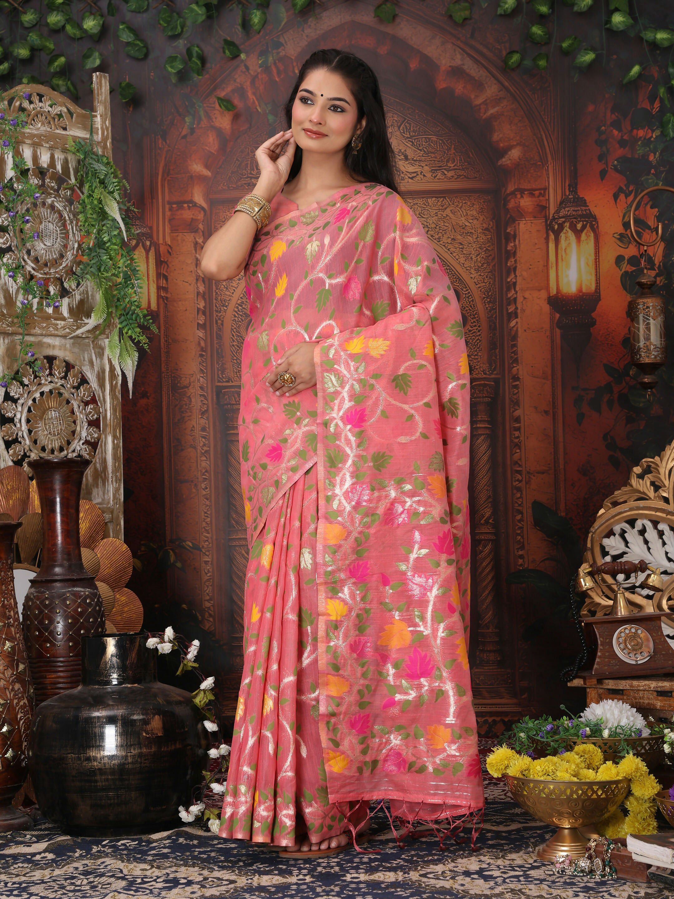 Shree Shyam Fashion Linen Cotton Pink Saree - Distacart
