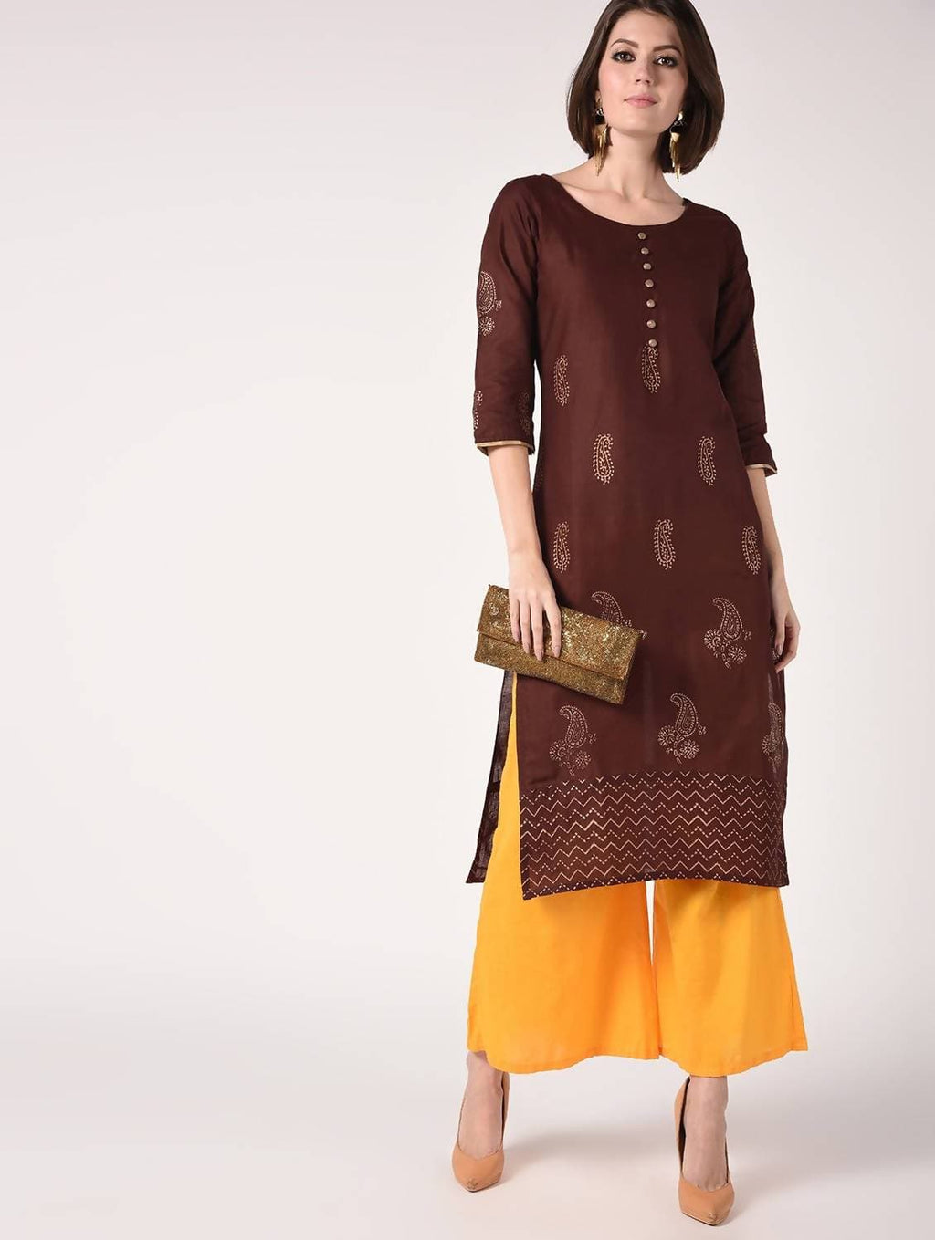 Cheera Hand Block Print Brown Color Straight Kurta