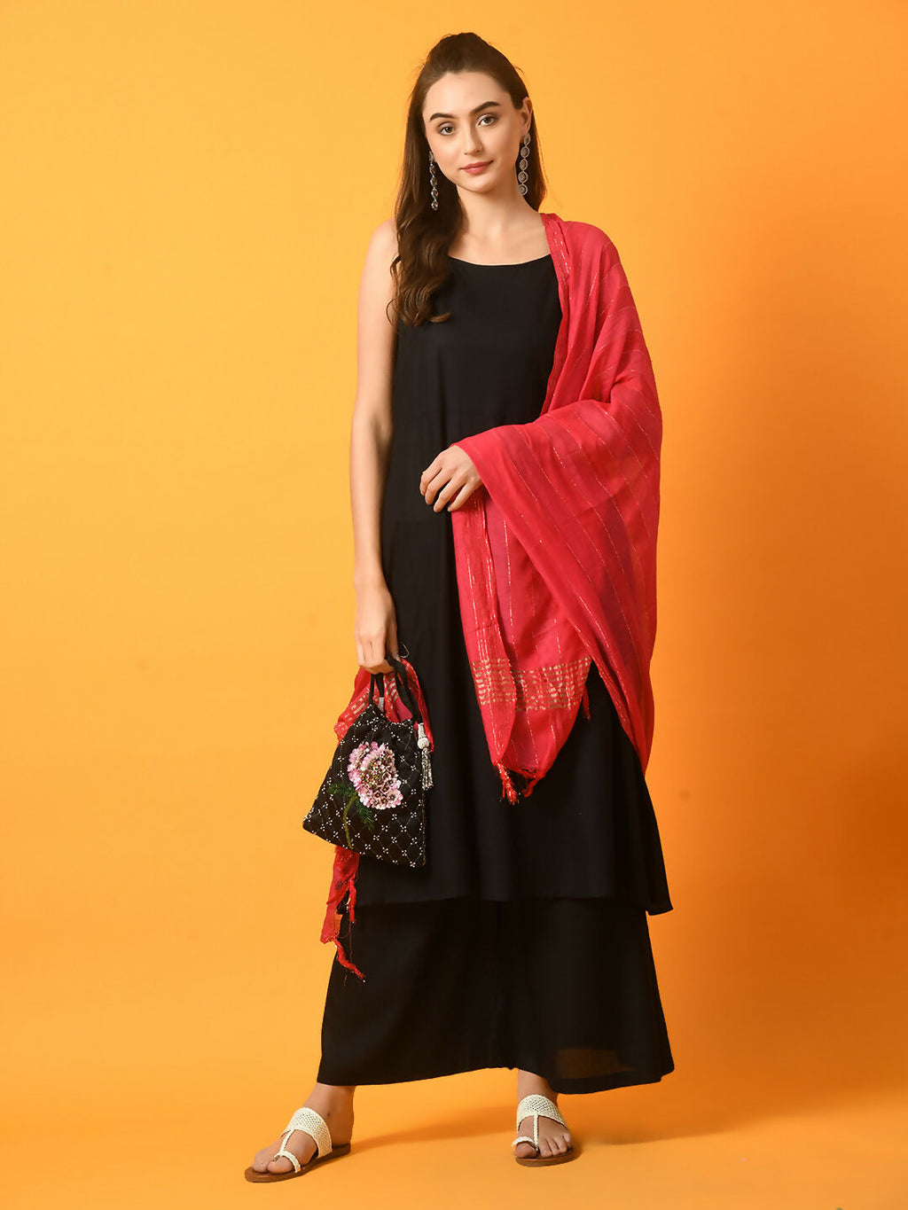 Myshka Women's Black Solid Anarkali Party Kurta Set With Dupatta