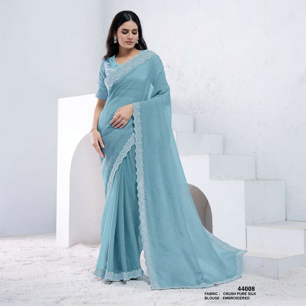 Aqua Blue Crush Pure Silk Diamond With Hand Work Saree With Unstitched Blouse - Norita Swaraa