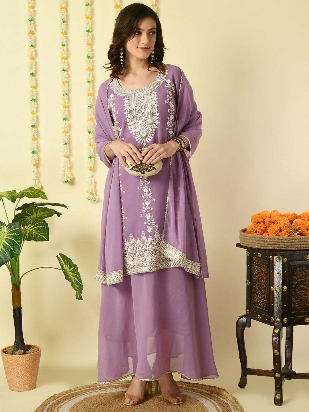 Myshka Women's Purple Georgette Kurta & Skirt With Dupatta Party Sets