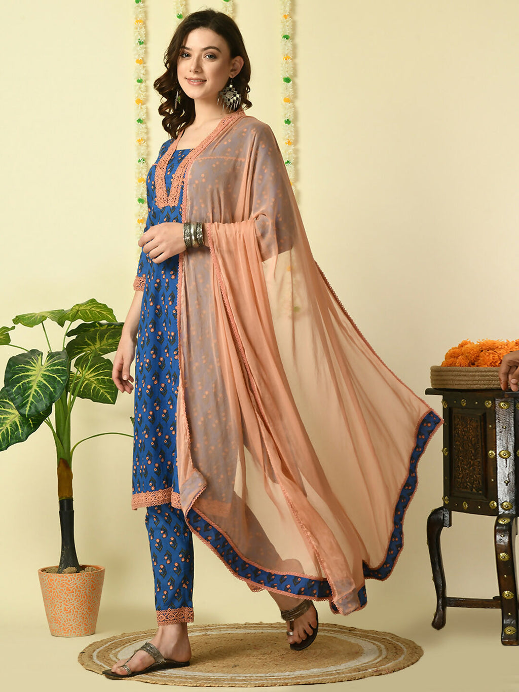 Myshka Women's Blue Pure Cotton Kurta & Trousers With Dupatta Party Sets