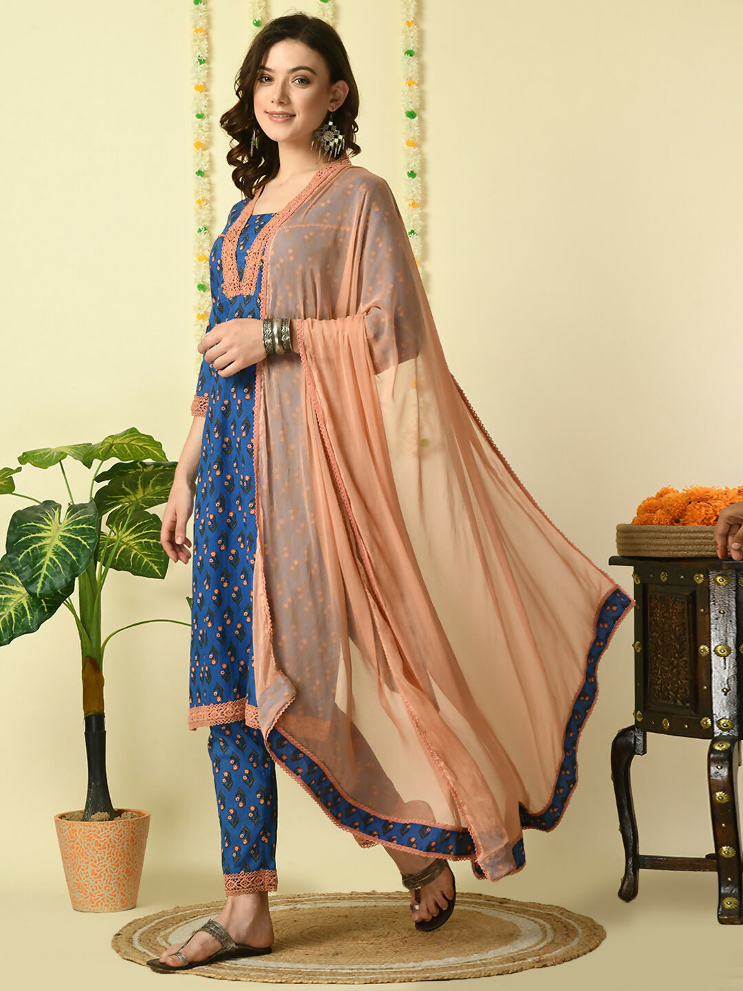 Myshka Women's Blue Pure Cotton Kurta & Trousers With Dupatta Party Sets