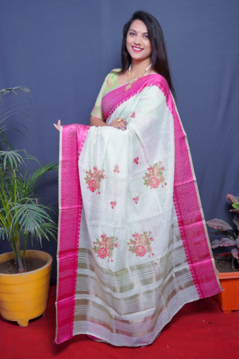 Jyoti Fashion Women's Magenta Linen Silk Digital Print with Jacquard Woven Border Saree with Blouse