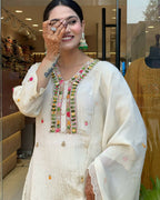 The52 Off White Women's Gorgeous Chinon Fabric Embroidered Work Straight Kurta Pant and Dupatta Set - Distacart