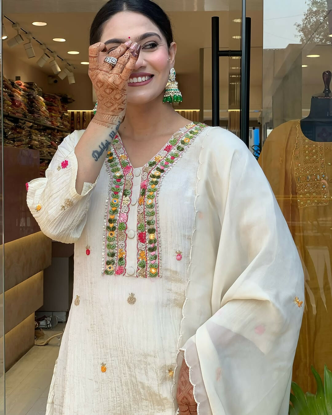 The52 Off White Women's Gorgeous Chinon Fabric Embroidered Work Straight Kurta Pant and Dupatta Set - Distacart