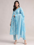 Aavyora Women's Sky Blue Floral Printed A-Line Kurta with Pintucks, Striped Pants & Dupatta Set