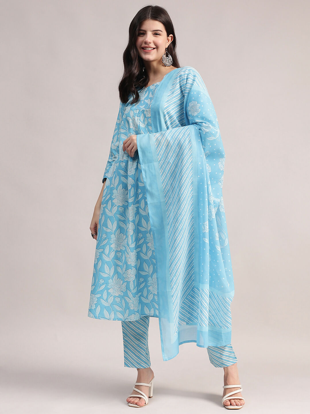 Aavyora Women's Sky Blue Floral Printed A-Line Kurta with Pintucks, Striped Pants & Dupatta Set