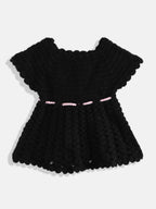 Chutput Kids Woollen Hand Knitted Full Sleeves Cardigan With Short Sleeves Flower Work Dress For Baby Girls - Pink