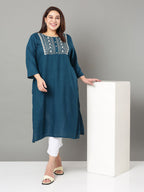Sztori Plus Size Floral Yoke Design Mirror Work Straight Kurta
