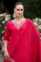 The52 Red Women's Gorgeous Embroidered Rayon Slub Fabric Straight Kurta Pant with Dupatta Set - Distacart