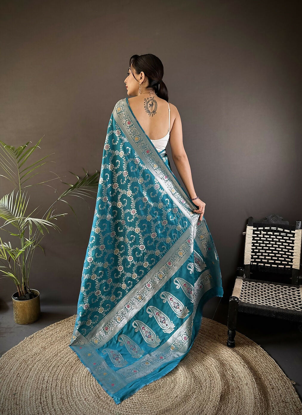 Joban Fashion Turquoise Meenakari Banarasi Silk Sarees