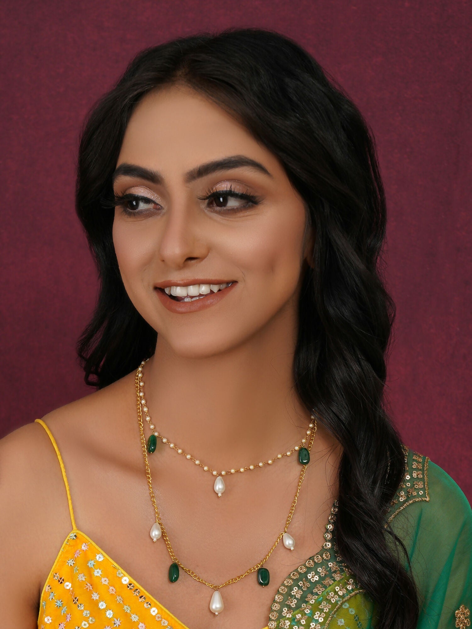 Layered Pearl and Gold Neckpiece with Emeralds (Gold) - Ruby Raang