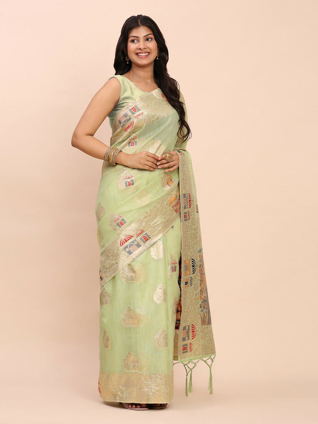Shree Shyam Fashion Linen Cotton Light Green Saree - Distacart