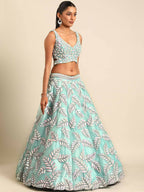 House of Panchhi Turquoise Blue Organza Sequins & Zarkan embroidery Lehenga choli & Dupatta