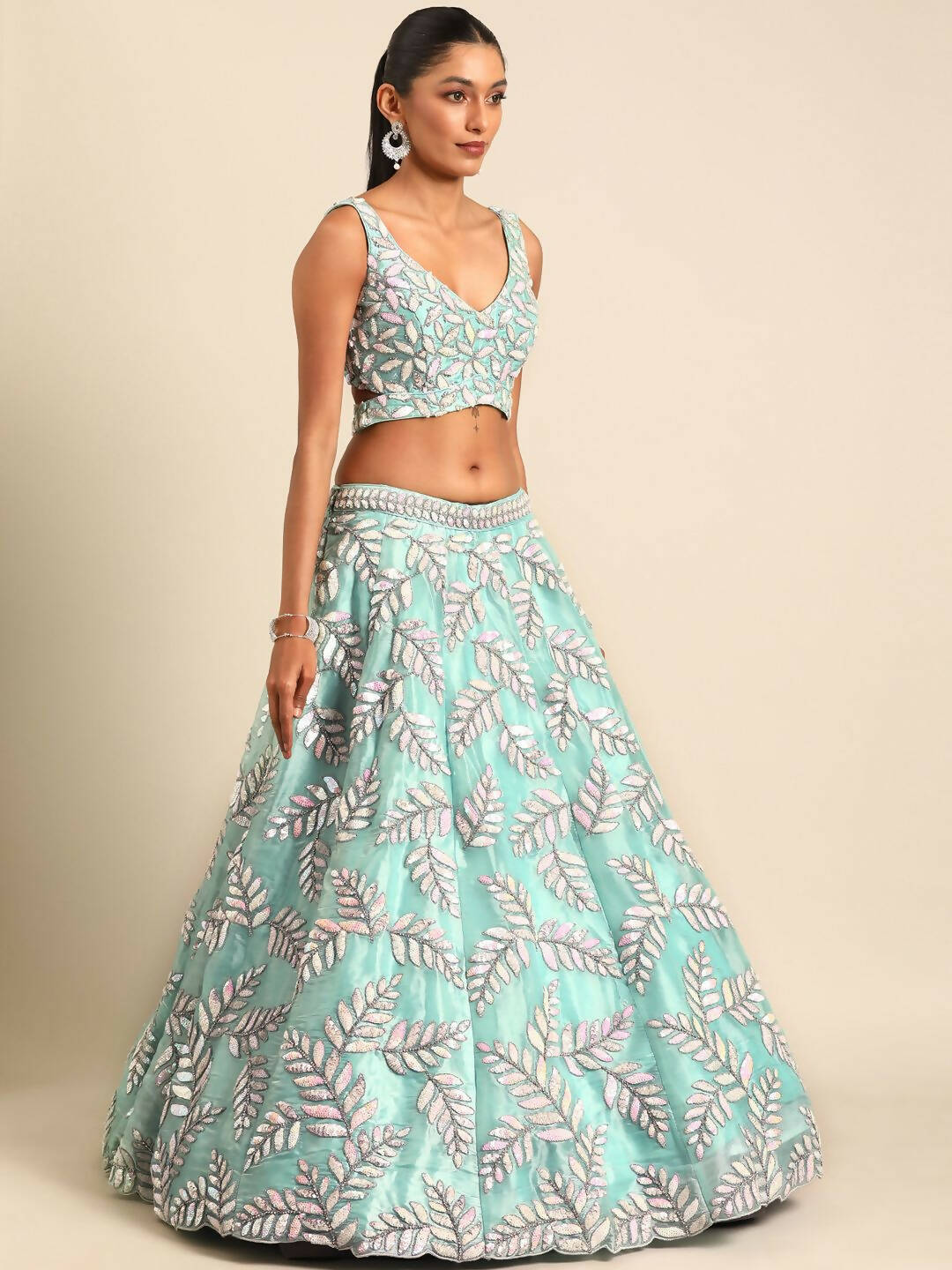 House of Panchhi Turquoise Blue Organza Sequins & Zarkan embroidery Lehenga choli & Dupatta