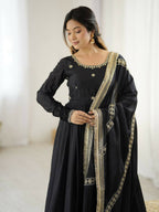 The52 Women's Gorgeous Chinon Silk Fabric Embroidery Work Flared Anarkali Pant and Dupatta Set - Distacart