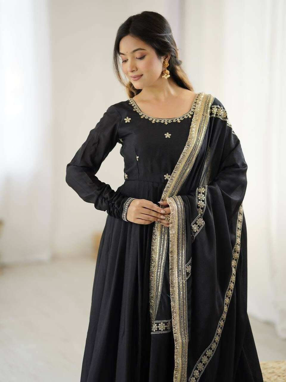 The52 Women's Gorgeous Chinon Silk Fabric Embroidery Work Flared Anarkali Pant and Dupatta Set - Distacart