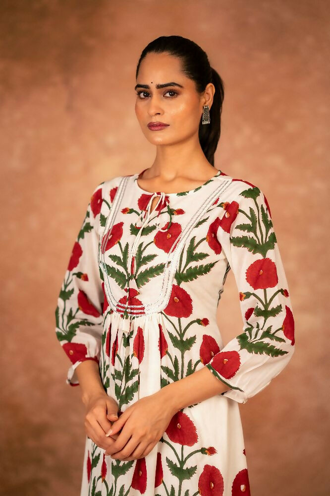 Joban Fashion Red Rose Floral Hand Block Printed Cotton Kurta Pant Set - Distacart