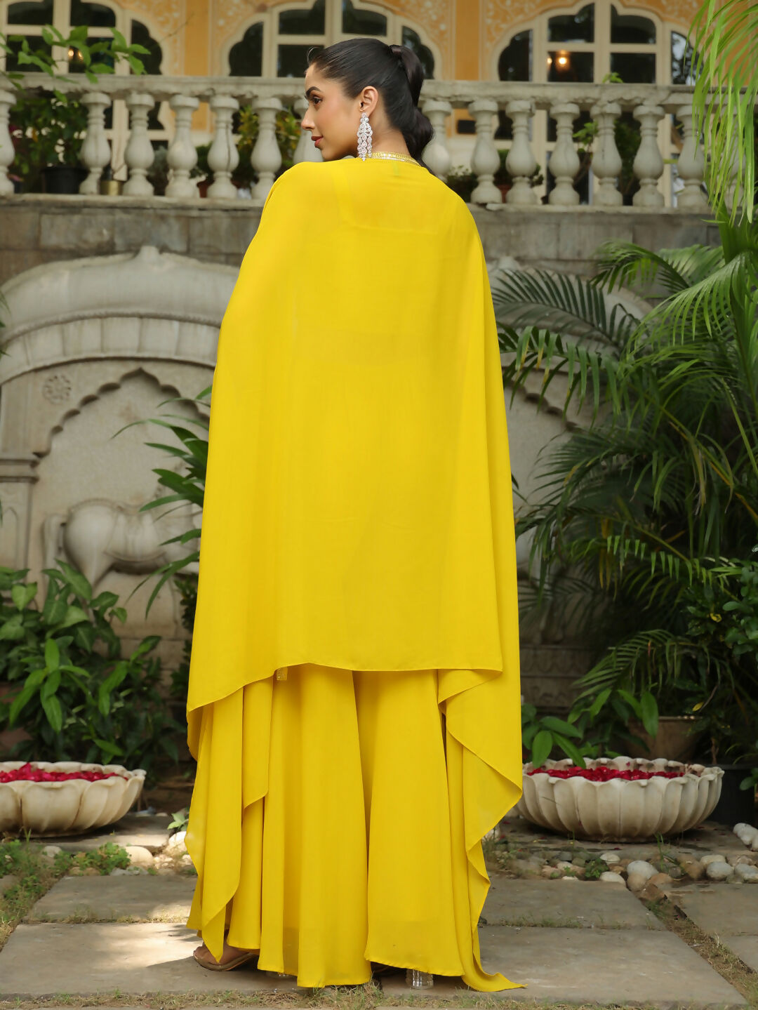 Janasya Yellow Georgette Sequined Top Bottom Cape