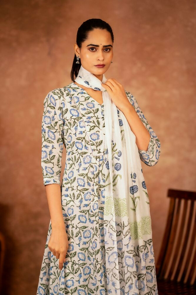 Joban Fashion Blue Hand Block Printed Cotton Suit Set - Distacart