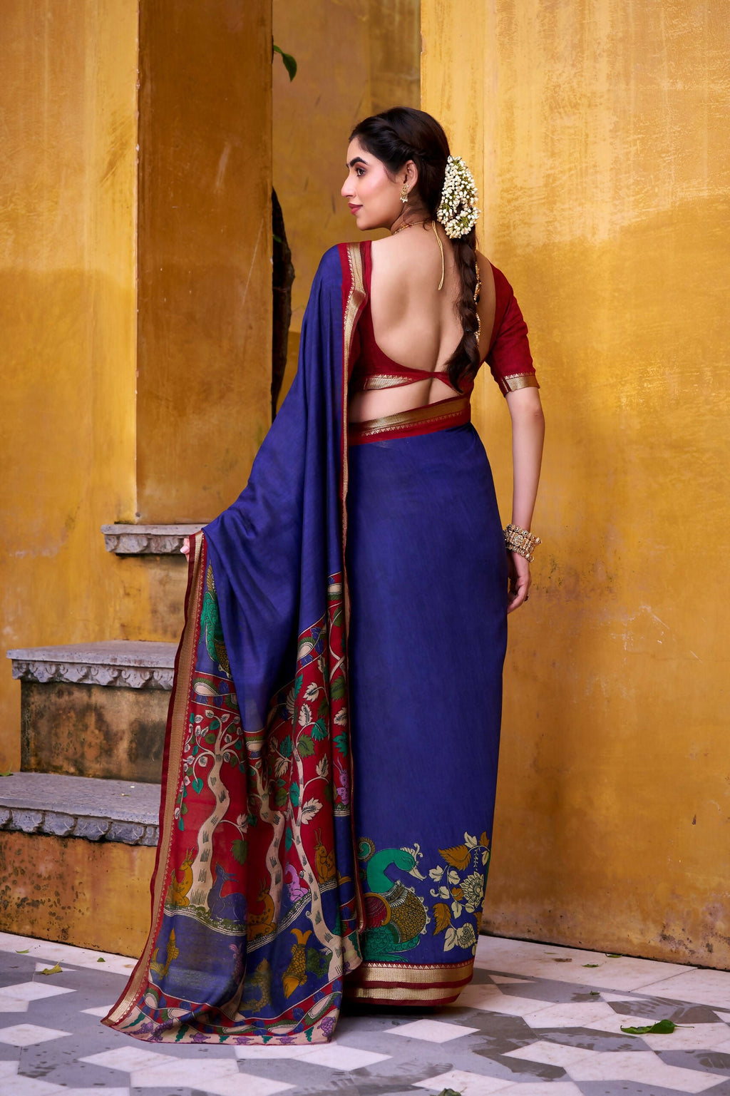 Vastranavya Blue Viscose Chanderi Kalamkari Print with Zari Working Saree & Unstitched Blouse - Distacart